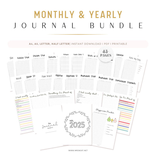 Monthly and Yearly Journal Bundle, 40 pages yearly tracker, 5 pages monthly tracker, 12 months habit tracker included, A4, A5, Letter, Half Letter, PDF Fillable, Digital Planner, Printable Planner, Instant Download