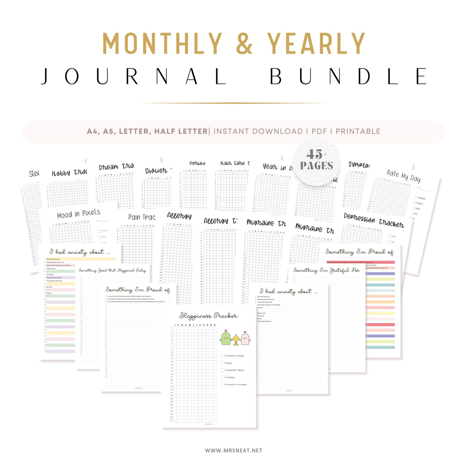 Monthly and Yearly Journal Bundle, 40 pages yearly tracker, 5 pages monthly tracker, 12 months habit tracker included, A4, A5, Letter, Half Letter, PDF Fillable, Digital Planner, Printable Planner, Instant Download