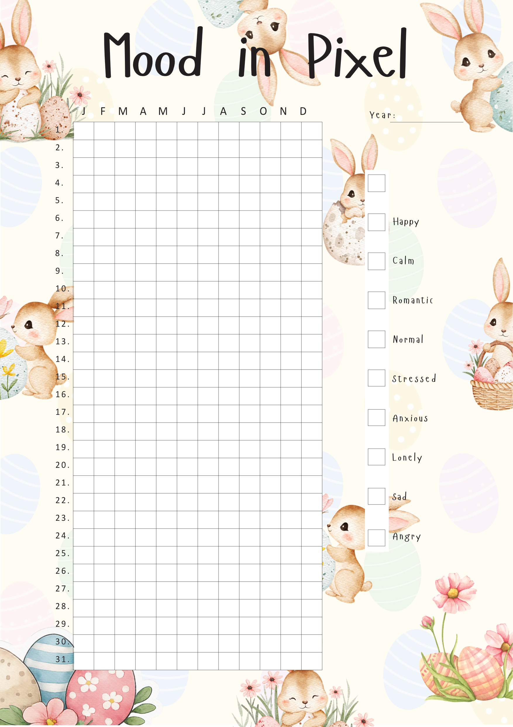 Mood tracker with cartoon bunnies and Easter elements on a light background