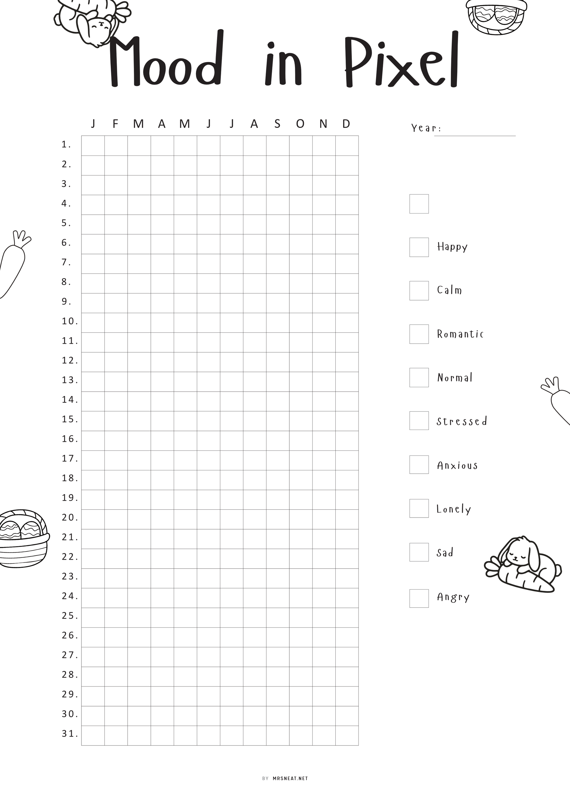 Mood tracking sheet titled 'Mood in Pixel' with checkboxes for emotions and a grid for days of the month.