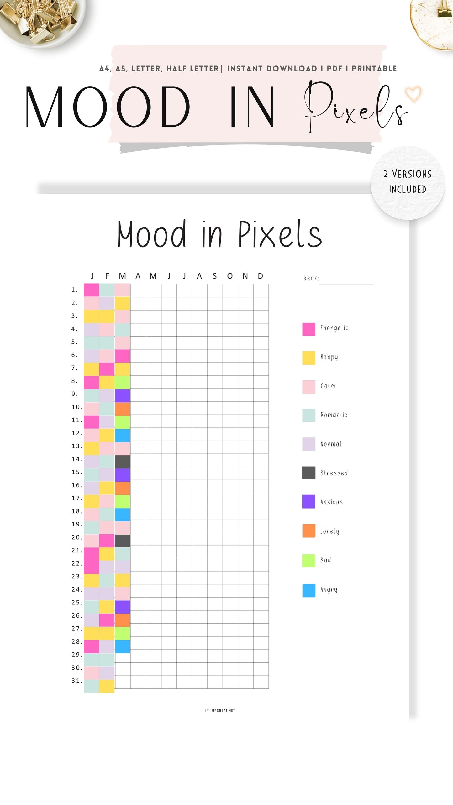 Clean and Minimalist Mood Tracker Year in Pixels PDF