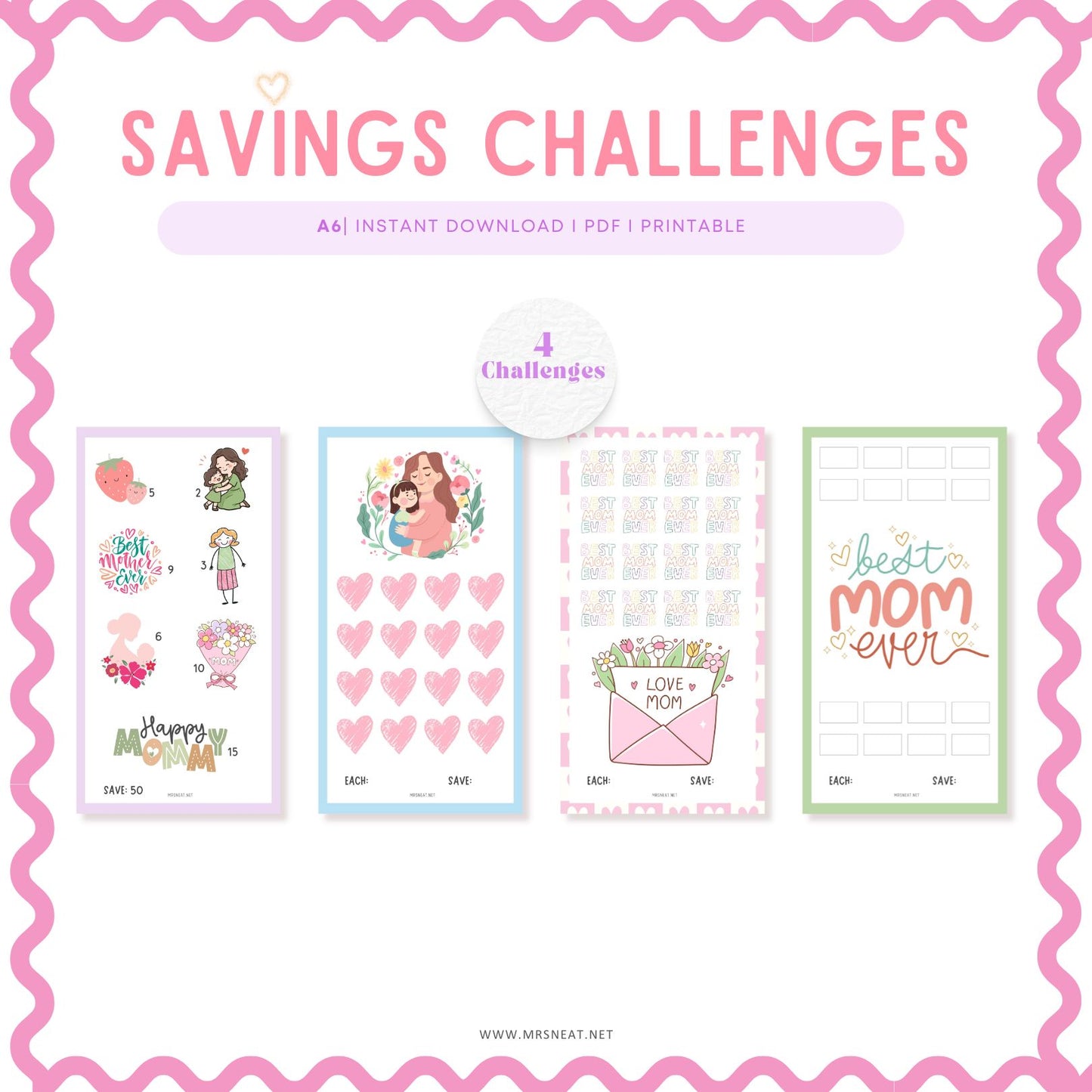 Mother Day Fund Savings Challenge PRINTABLE, A6, 4 Challenges, 4 versions
