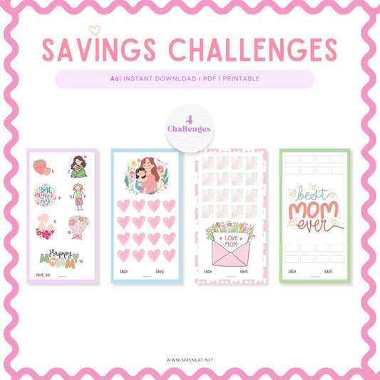 Mother Day Fund Savings Challenge PRINTABLE, A6, 4 Challenges, 4 versions