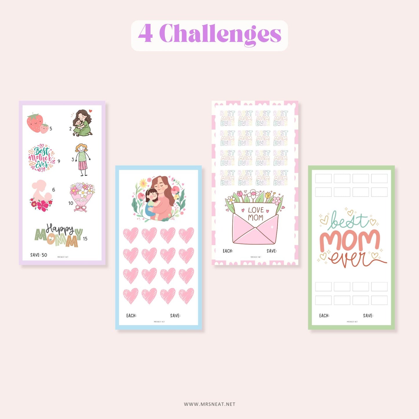 Mother Day Fund Savings Challenge PRINTABLE, A6, 4 Challenges, 4 versions
