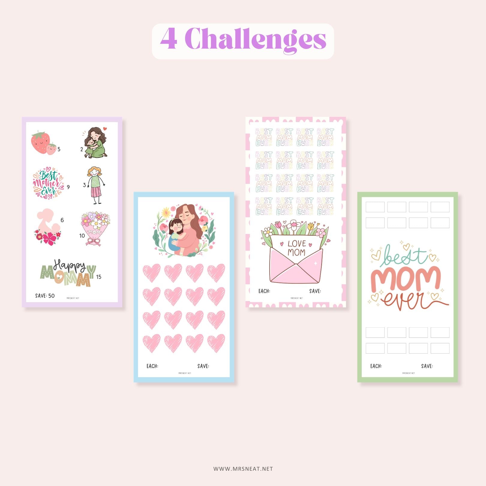Mother Day Fund Savings Challenge PRINTABLE, A6, 4 Challenges, 4 versions