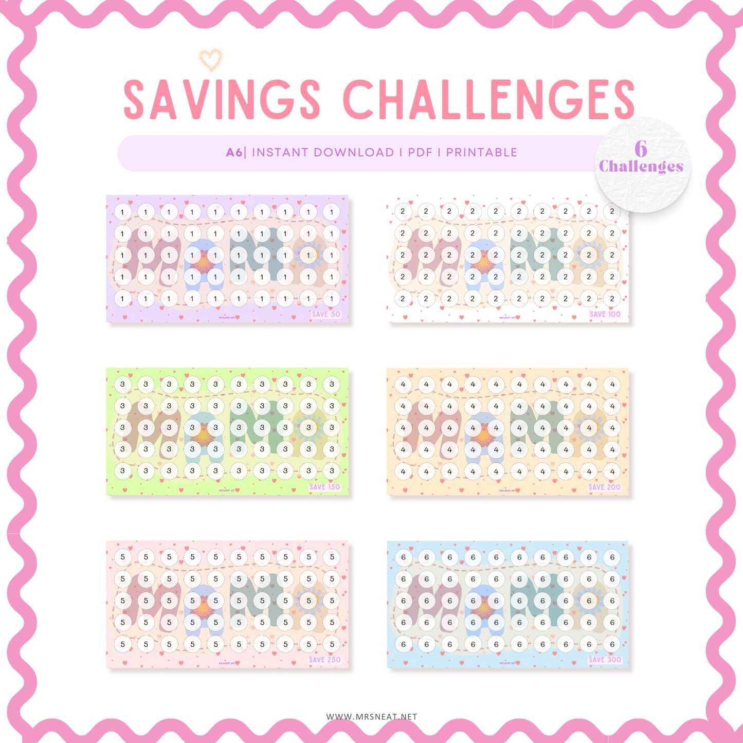 Mother Day Savings Challenge, Save 1050, A6, 6 Challenges, Colorful, Gift for Mother, Gift for Mommy