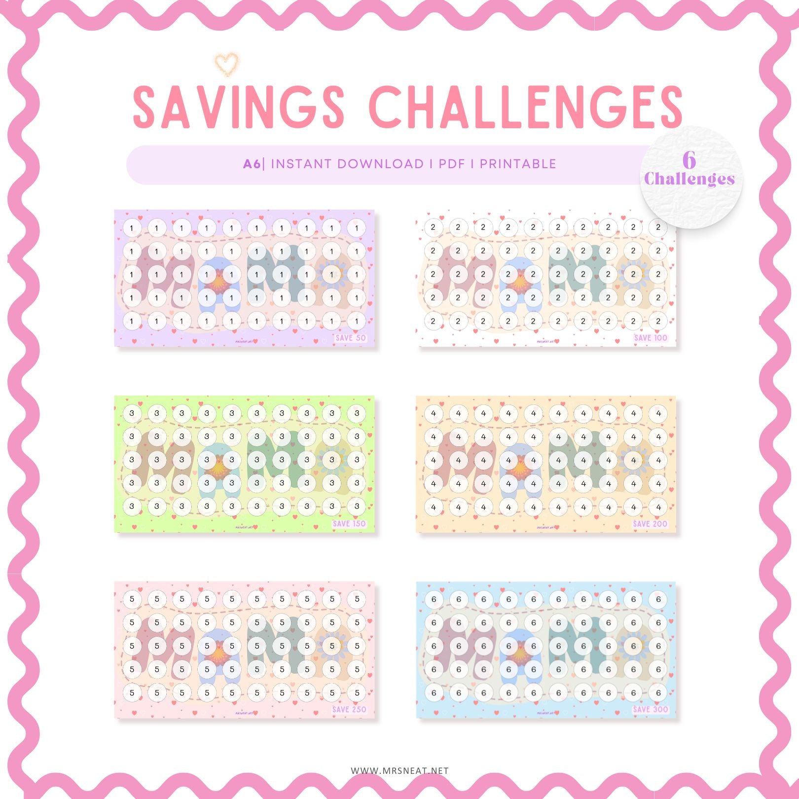 Mother Day Savings Challenge, Save 1050, A6, 6 Challenges, Colorful, Gift for Mother, Gift for Mommy