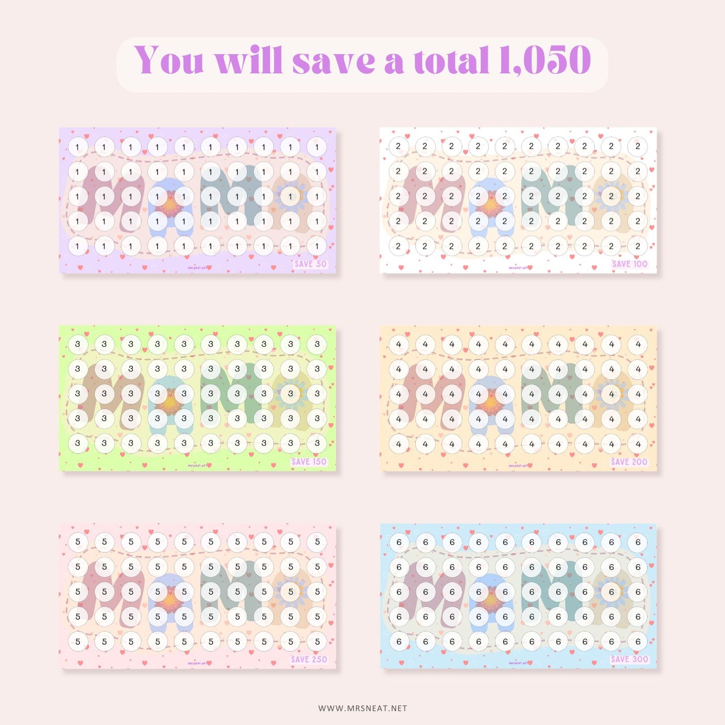 Mother Day Savings Challenge, Save 1050, A6, 6 Challenges, Colorful, Gift for Mother, Gift for Mommy