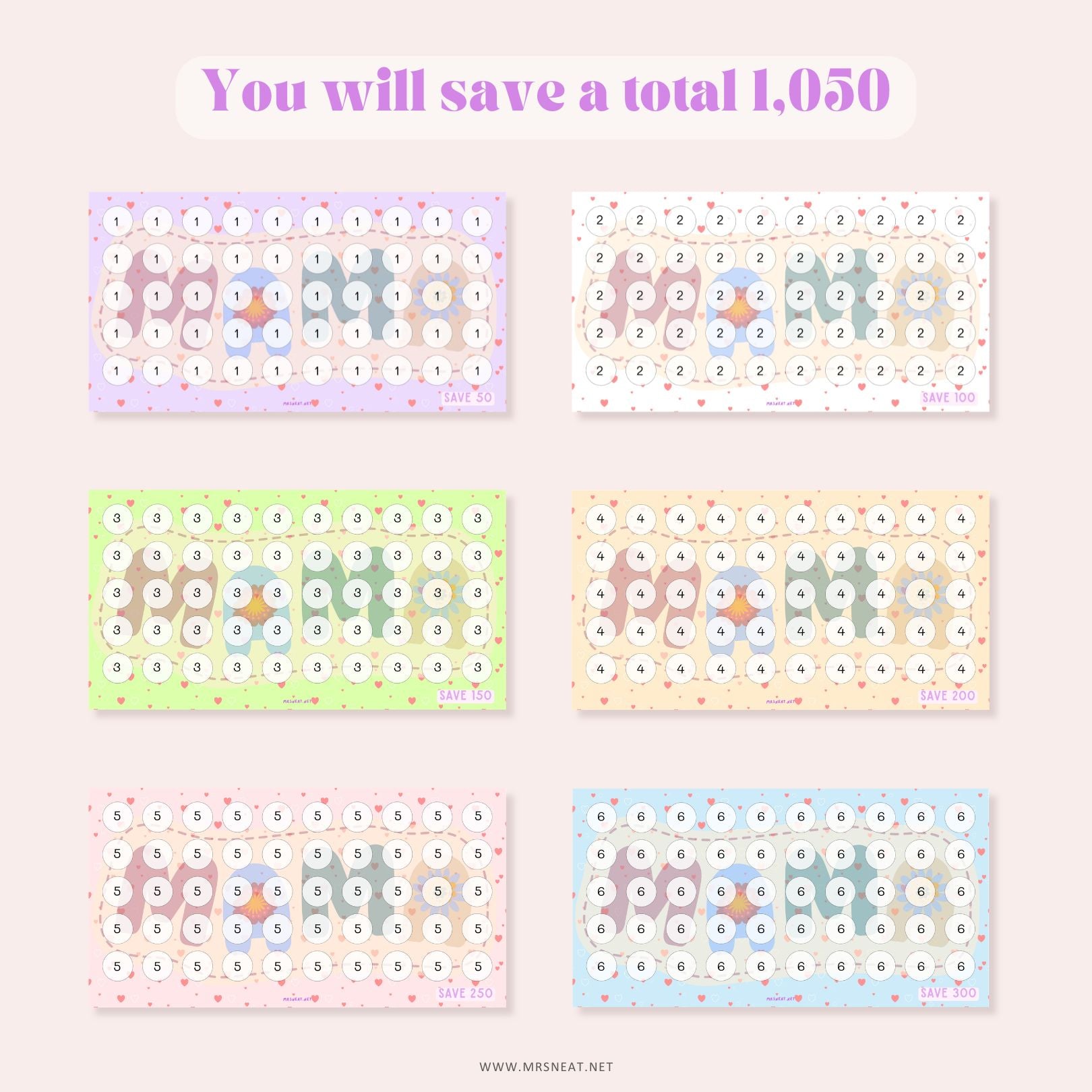 Mother Day Savings Challenge, Save 1050, A6, 6 Challenges, Colorful, Gift for Mother, Gift for Mommy