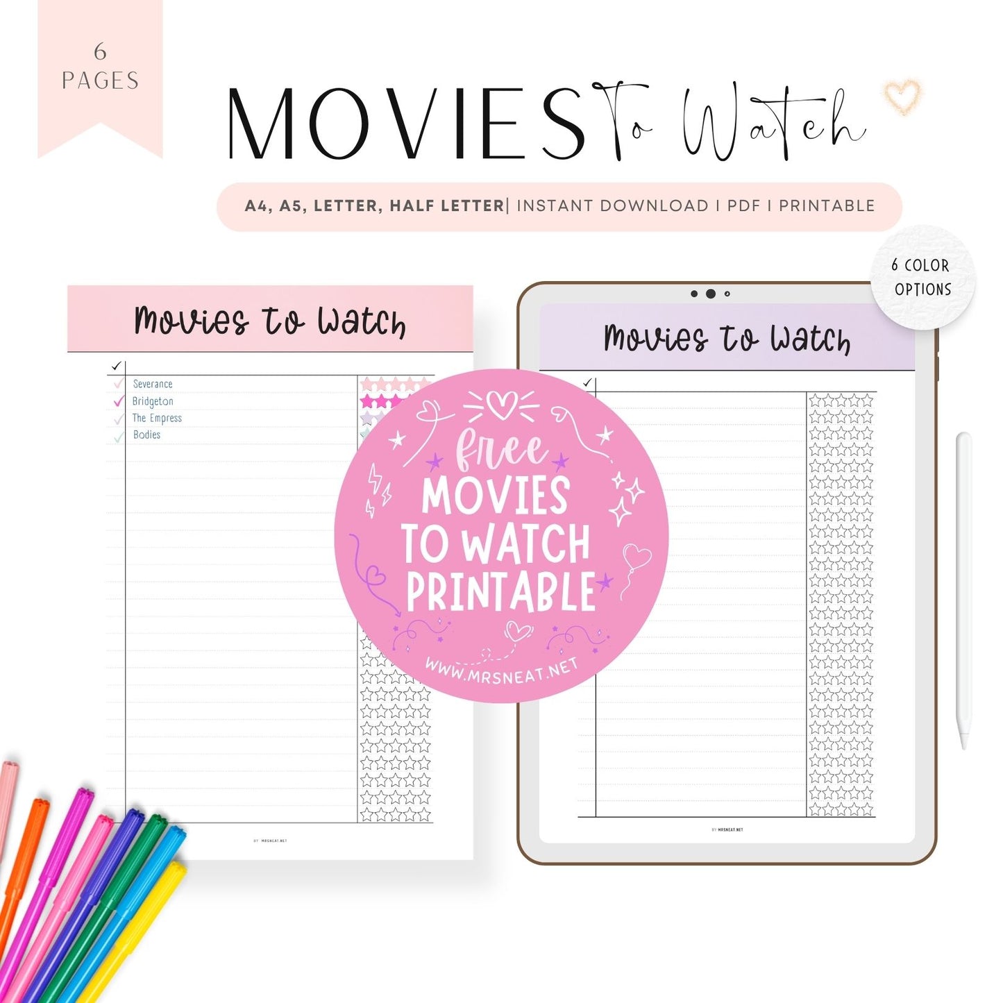 Free Movies to Watch List Template Printable 6 color options, can be used on tablet, digital download