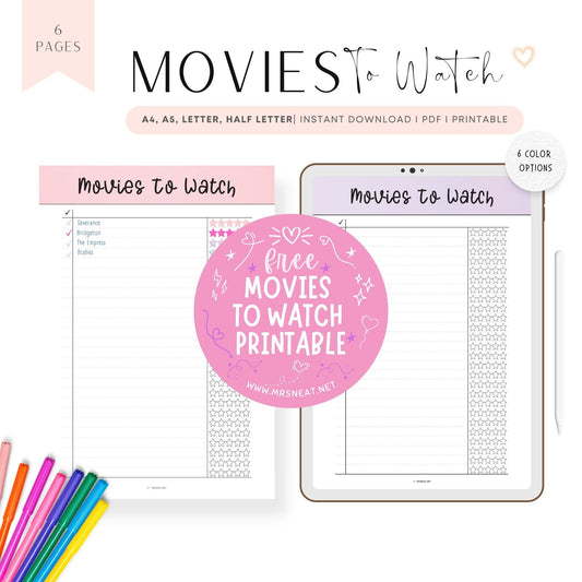 Free Movies to Watch List Template Printable 6 color options, can be used on tablet, digital download