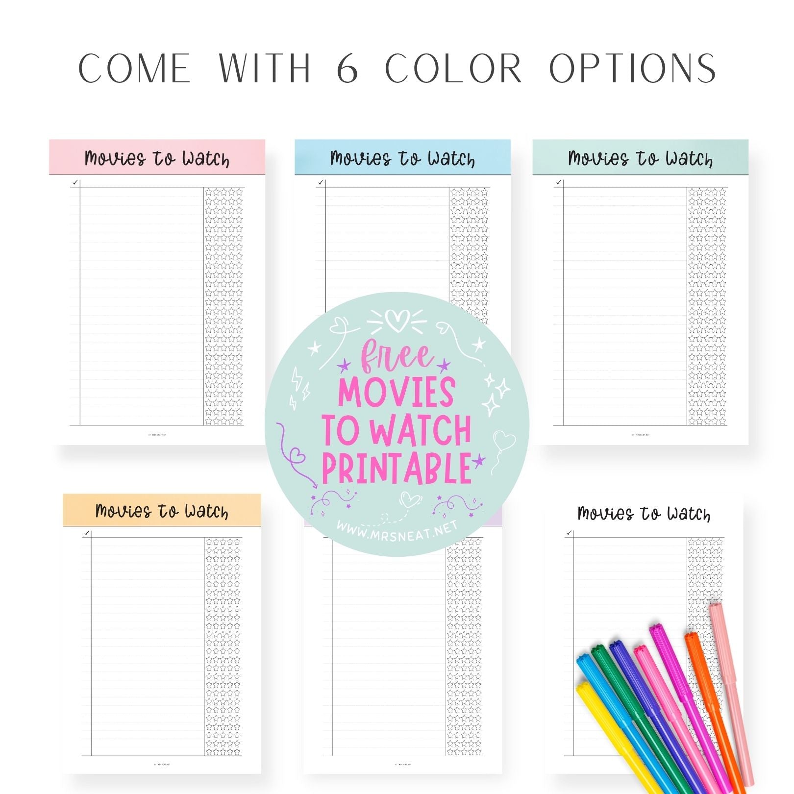 Cute Colorful Fillable Movies to Watch List Template Printable 6 color options PDF