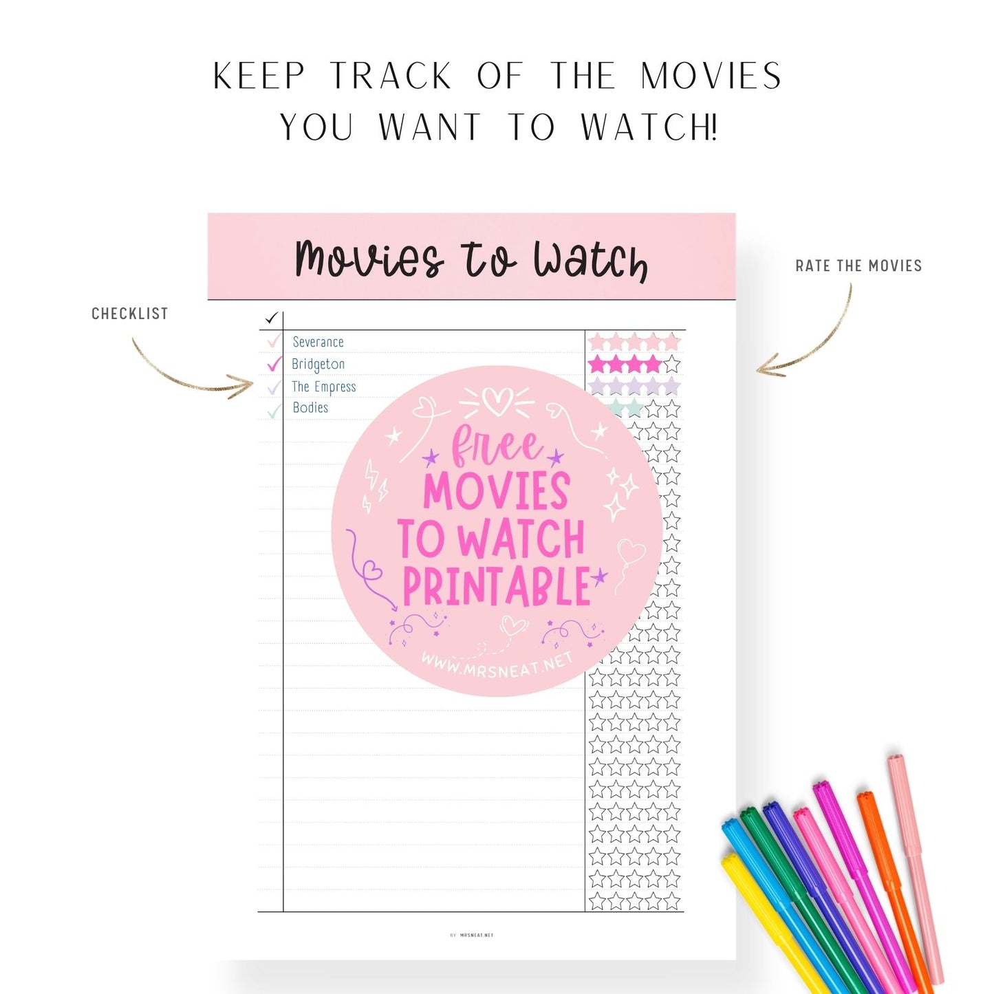 Keep Track of The Movies you want to watch with Free Beautiful Pink Movies To Watch Template Printable PDF Digital Download