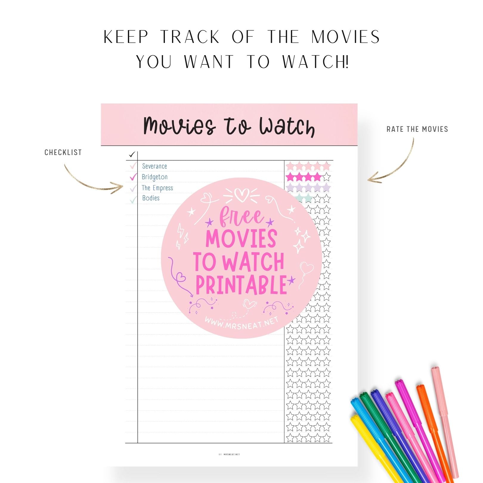Keep Track of The Movies you want to watch with Free Beautiful Pink Movies To Watch Template Printable PDF Digital Download