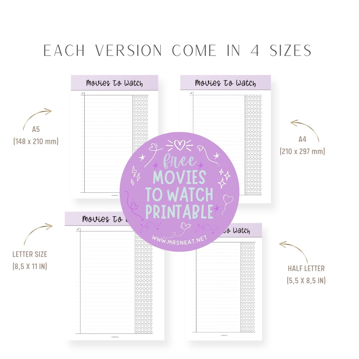 Beautiful Purple Movies To Watch List Template Printable comes in 4 sizes A4 A5 Letter and Half Letter