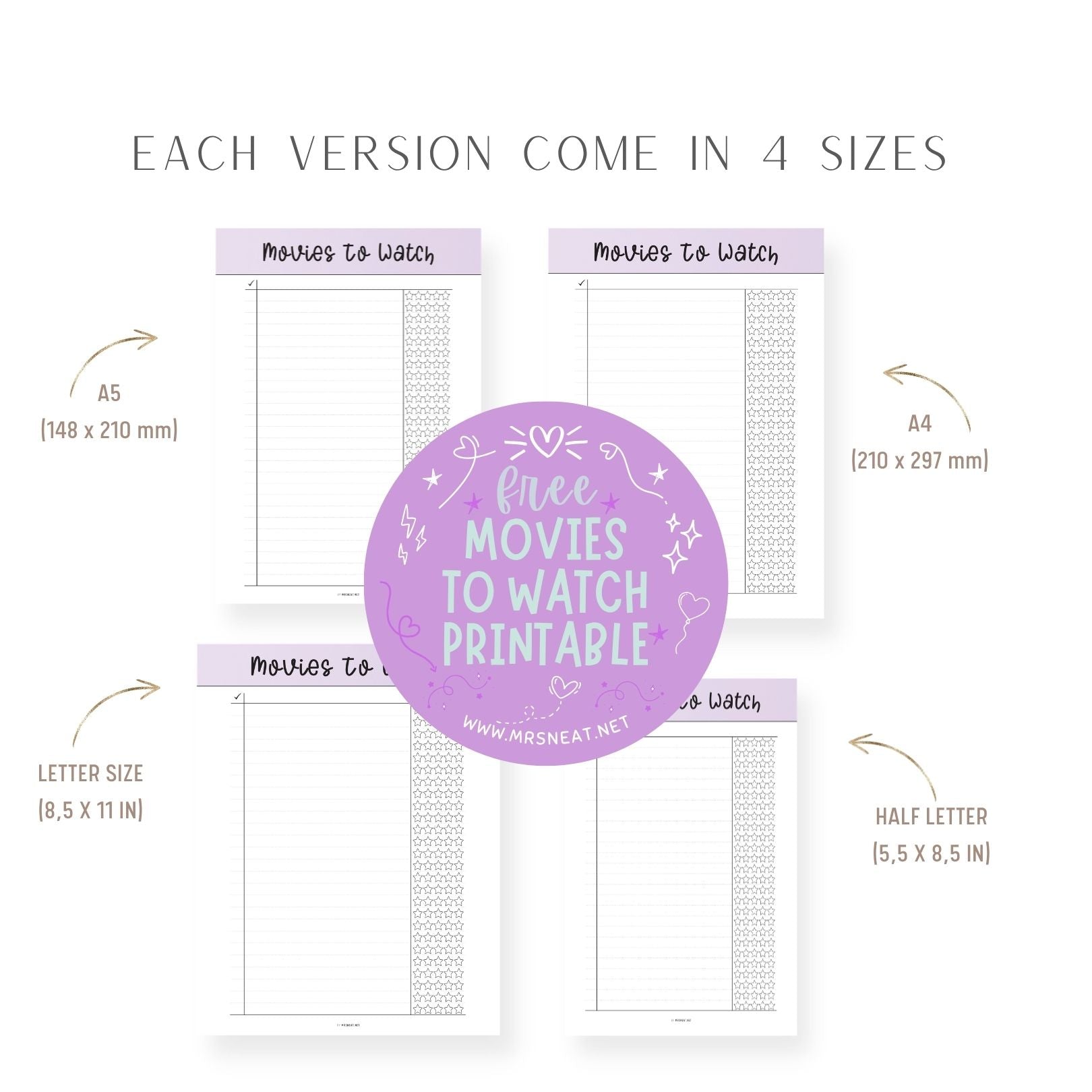 Beautiful Purple Movies To Watch List Template Printable comes in 4 sizes A4 A5 Letter and Half Letter