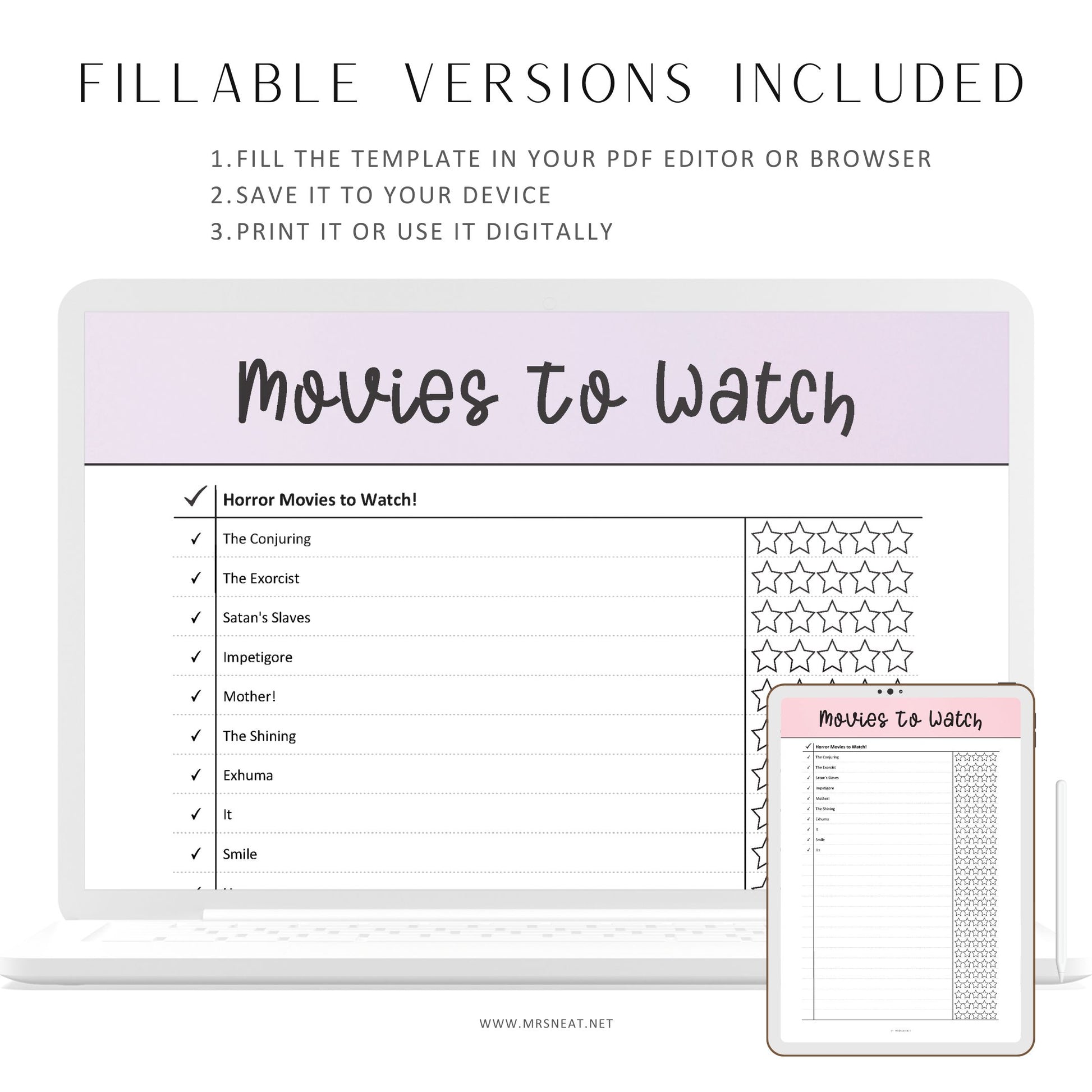 Printable Movies To Watch, Watch List Template, Fillable Movies To Watch List, PDF, 6 colors, A4, A5, Letter, Half Letter