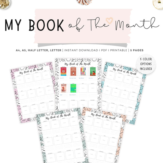 My Book of The Month Template Printable, A4, A5, Letter, Half Letter, 5 Colors, Digital Planner
