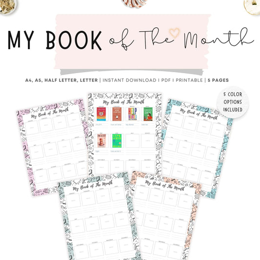 My Book of The Month Template Printable, A4, A5, Letter, Half Letter, 5 Colors, Digital Planner