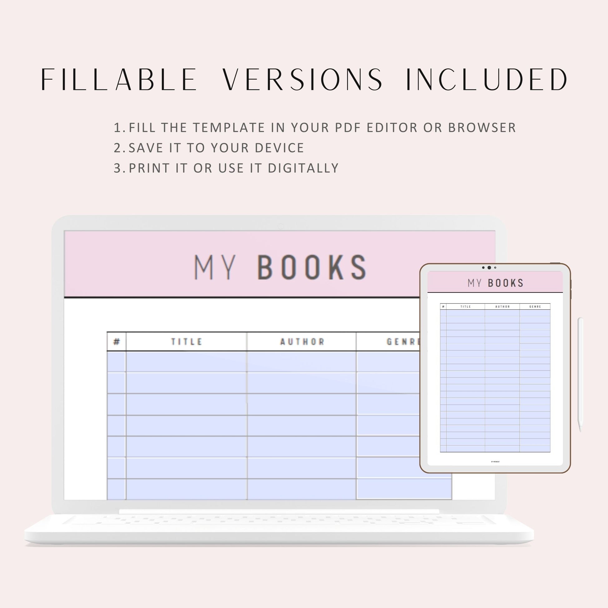 My Books List Template Printable, Digital Book Planner, Printable Book Planner Inserts, A4, A5, Letter, Half Letter, 5 colors, fillable versions included