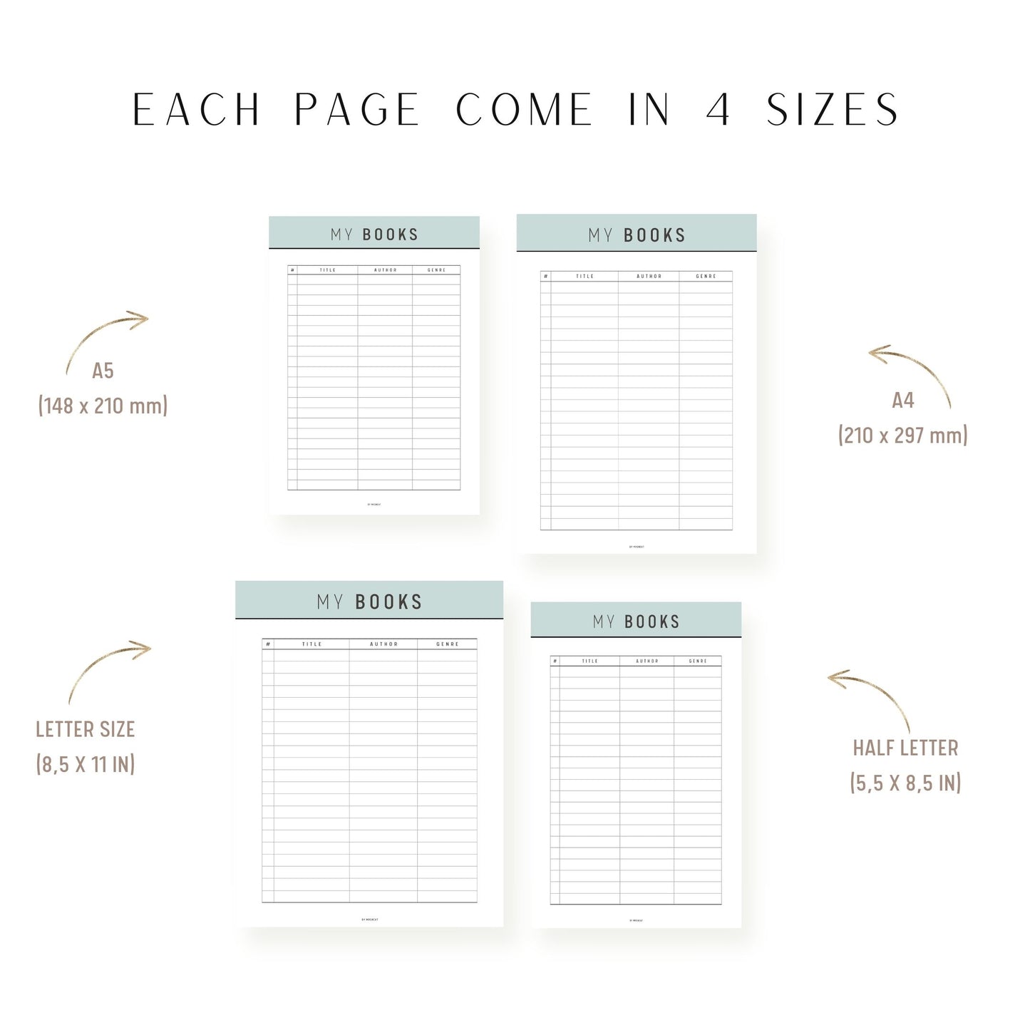 A4, A5, Letter, Half Letter Books List Template Printable