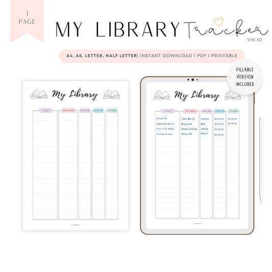 My Library Book Tracker Template Printable, A4, A5, Letter, Half Letter, Fillable version included, Digital Planner, Colorful Page