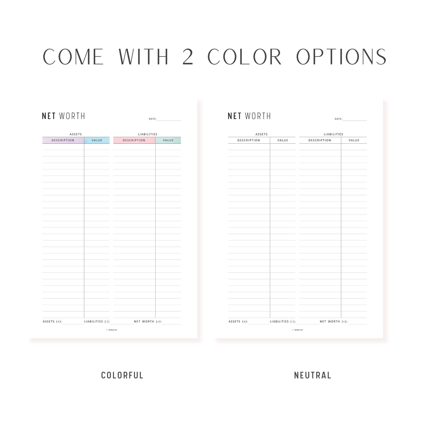 Net Worth Calculator Sheet, Printable, A4, A5, Letter, Half Letter, Minimalist and colorful page, PDF, Digital Planner