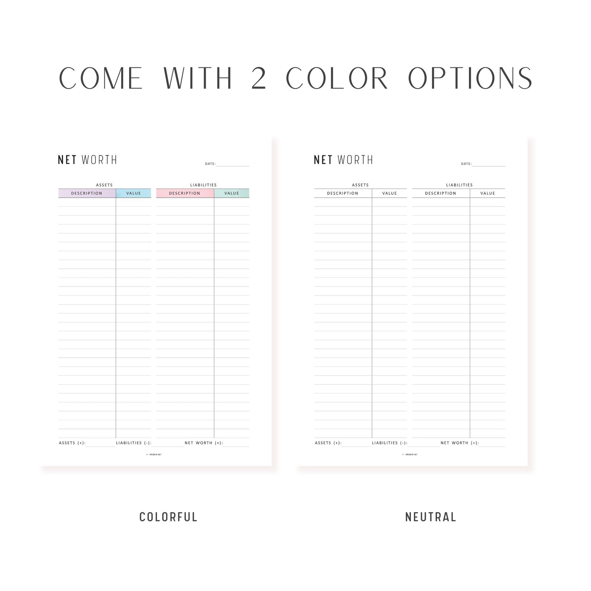 Net Worth Calculator Sheet, Printable, A4, A5, Letter, Half Letter, Minimalist and colorful page, PDF, Digital Planner