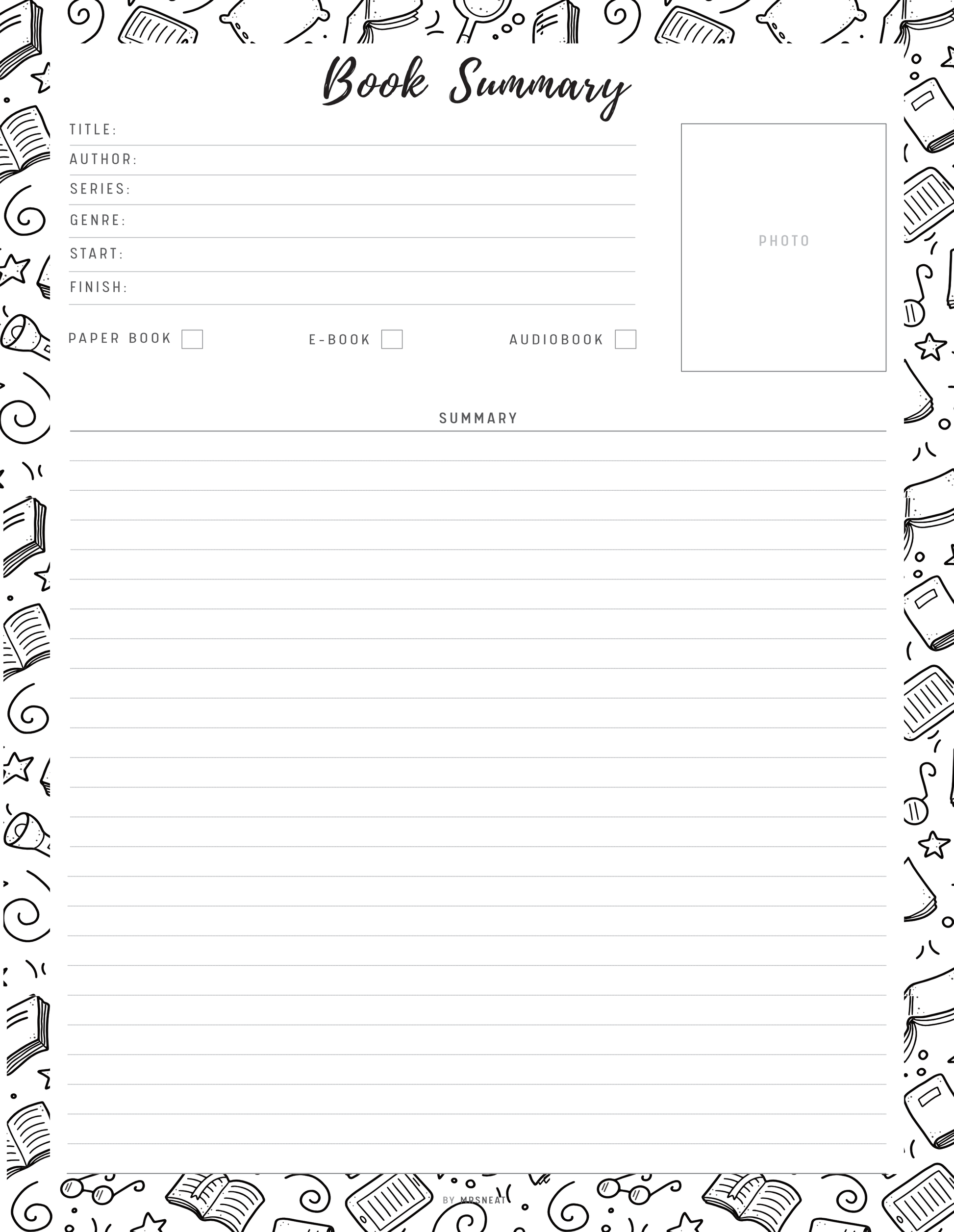 Book Summary Template Printable, 2 versions, 5 Colors, A4, A5, Letter, Half Letter, Digital Planner