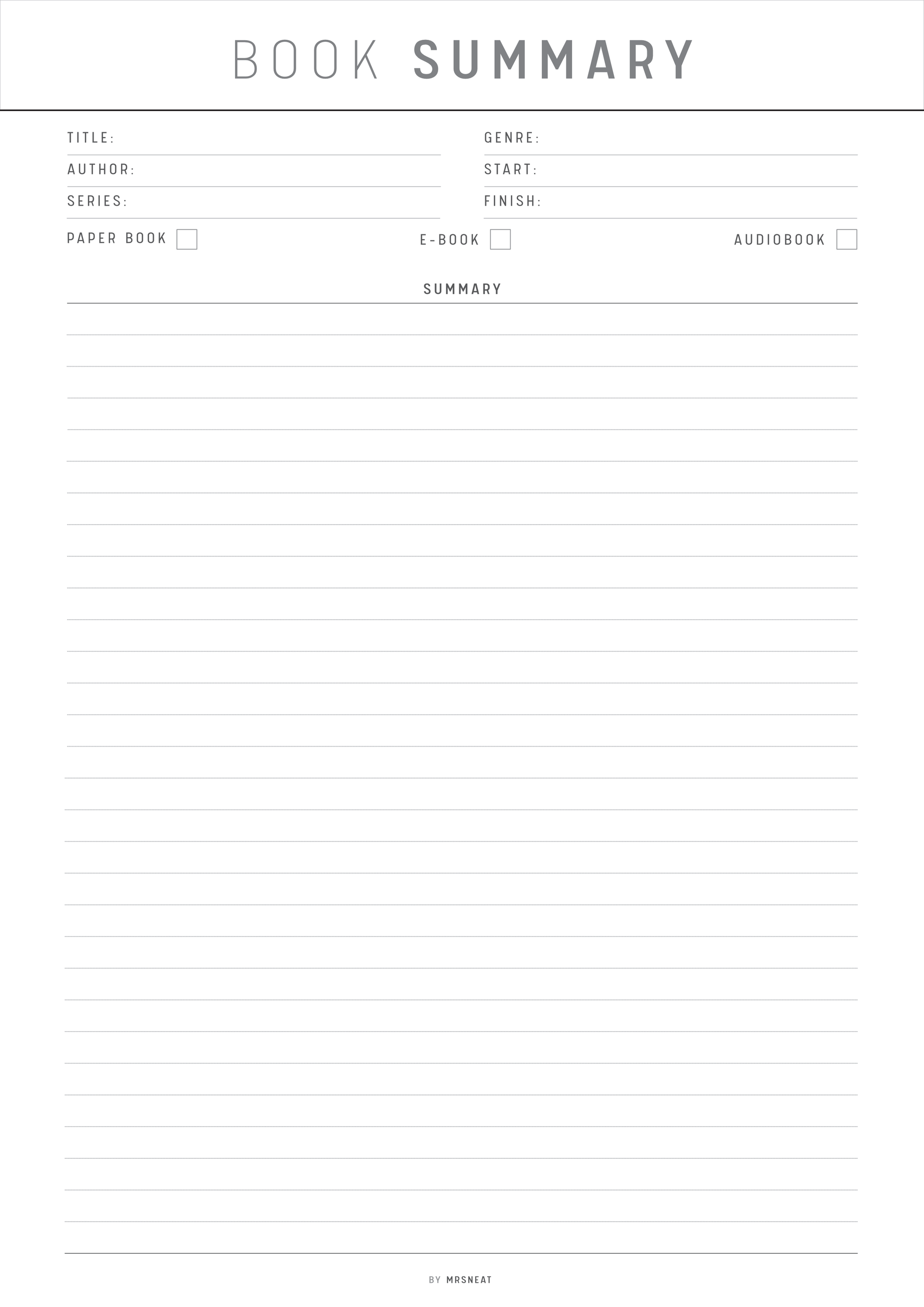 Blank book summary form with fields for title, author, genre, start, finish, paper book, e-book, and audiobook.