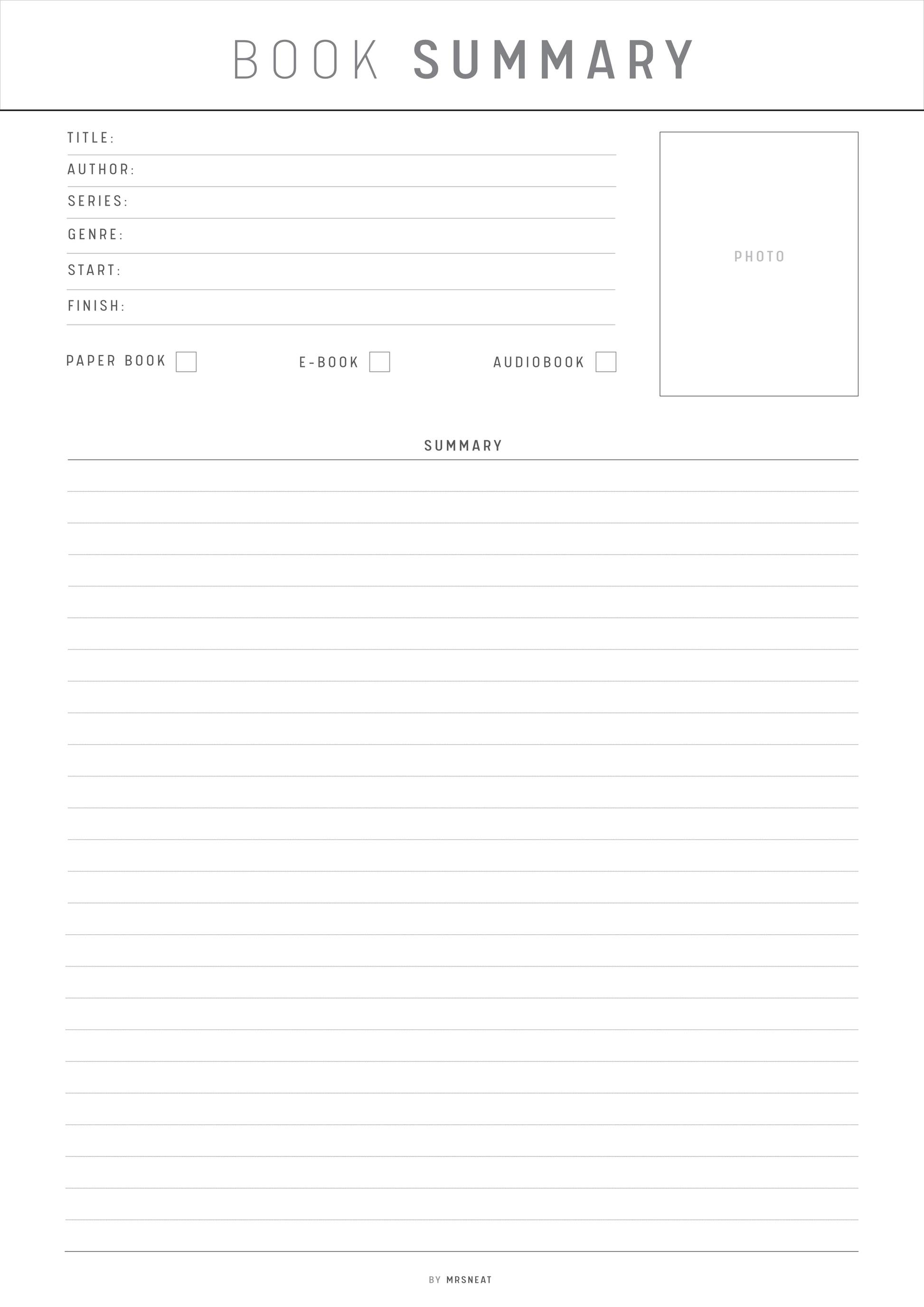 Blank book summary form with fields for title, author, series, genre, start, finish, and format.