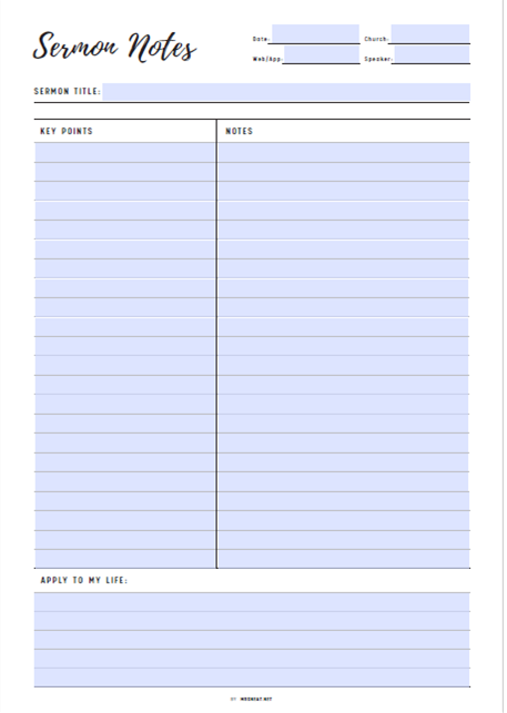 Sermon notes template with columns for sermon title, key points, and notes on a light blue background.