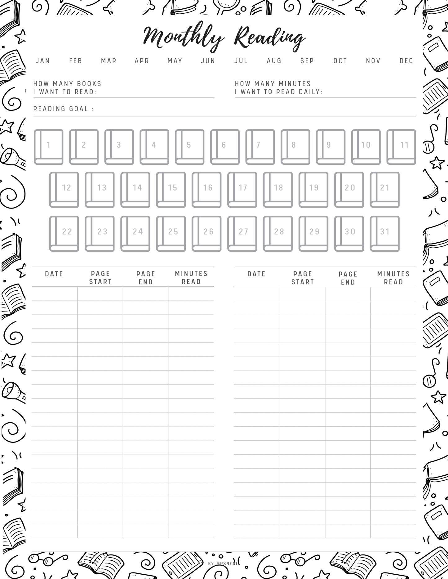 Monthly Reading Tracker Template Printable, 5 colors, 4 sizes