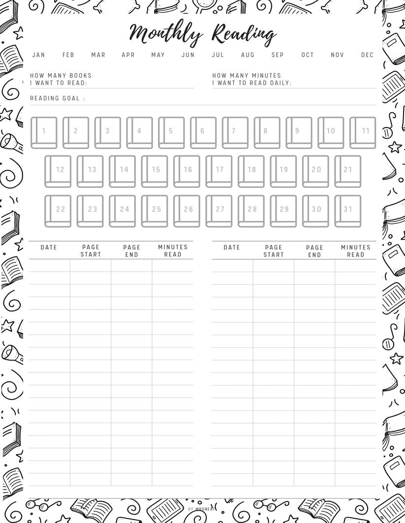 Monthly Reading Tracker Template Printable – mrsneat