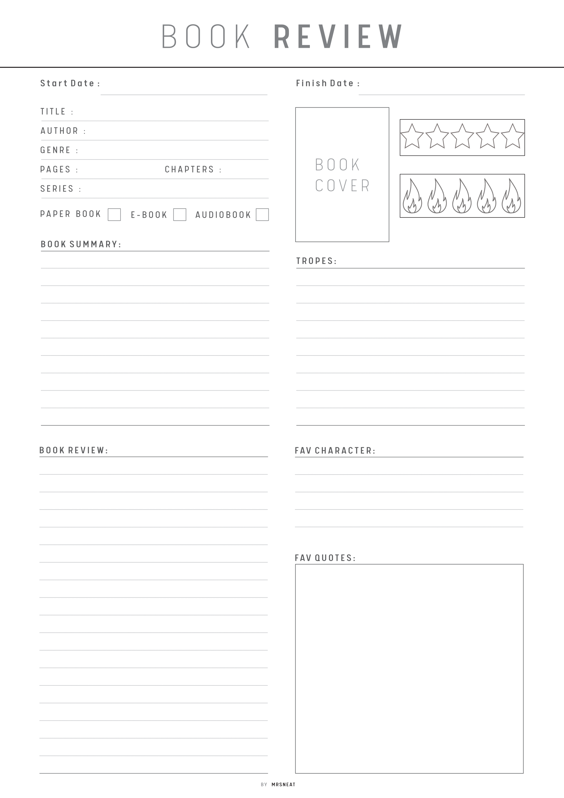 Blank book review form with various sections for input