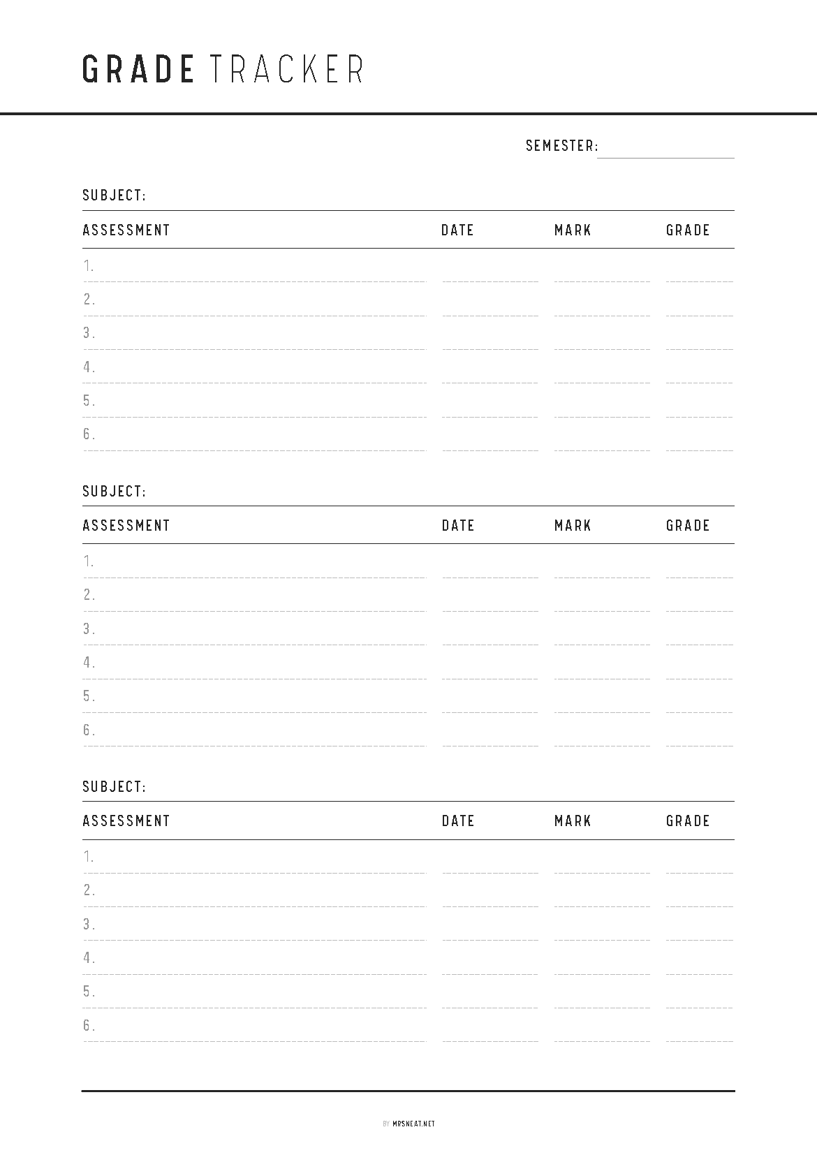 Grade tracker template with columns for subject, assessment, date, mark, and grade.