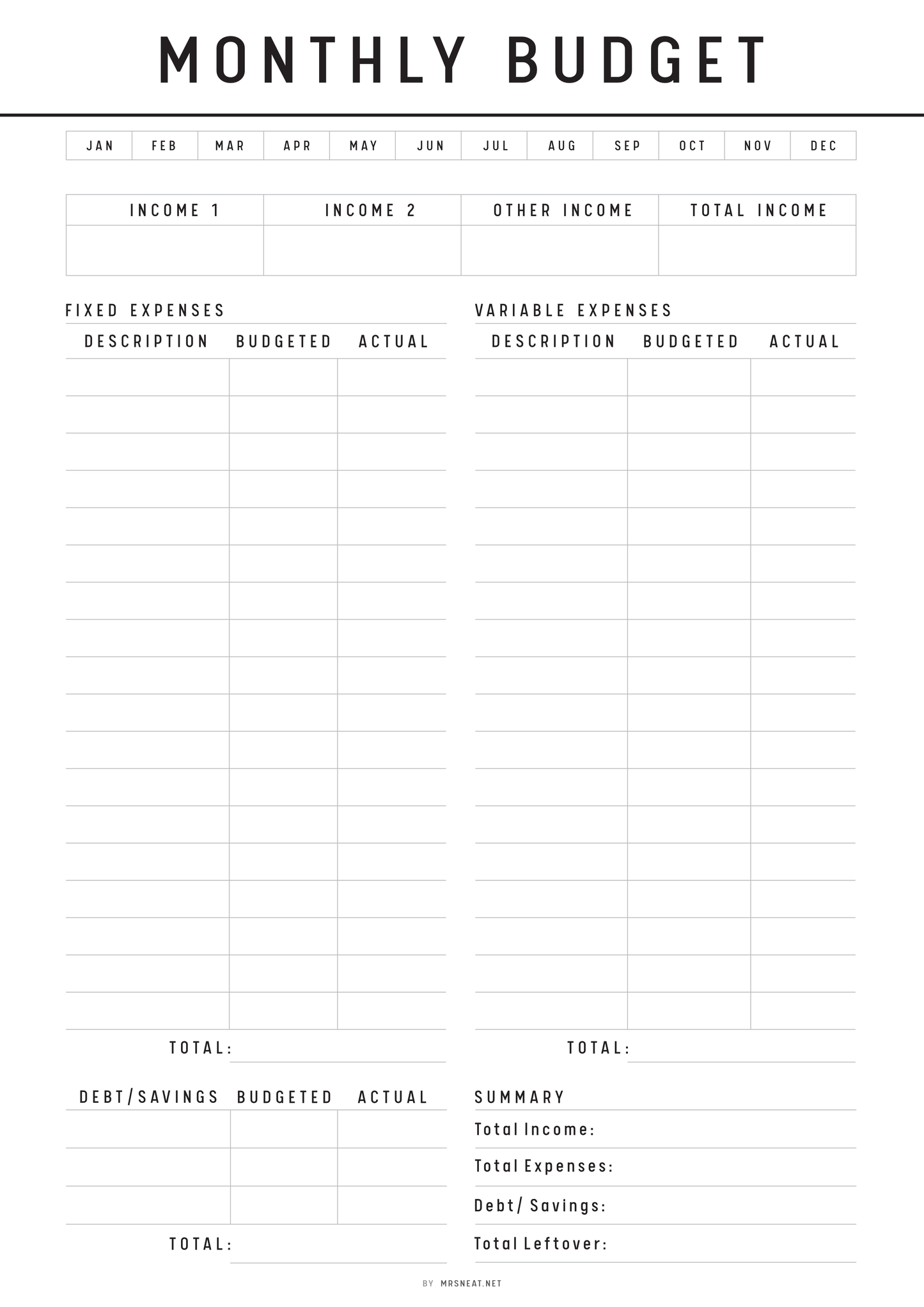 Monthly budget template with income and expense categories.