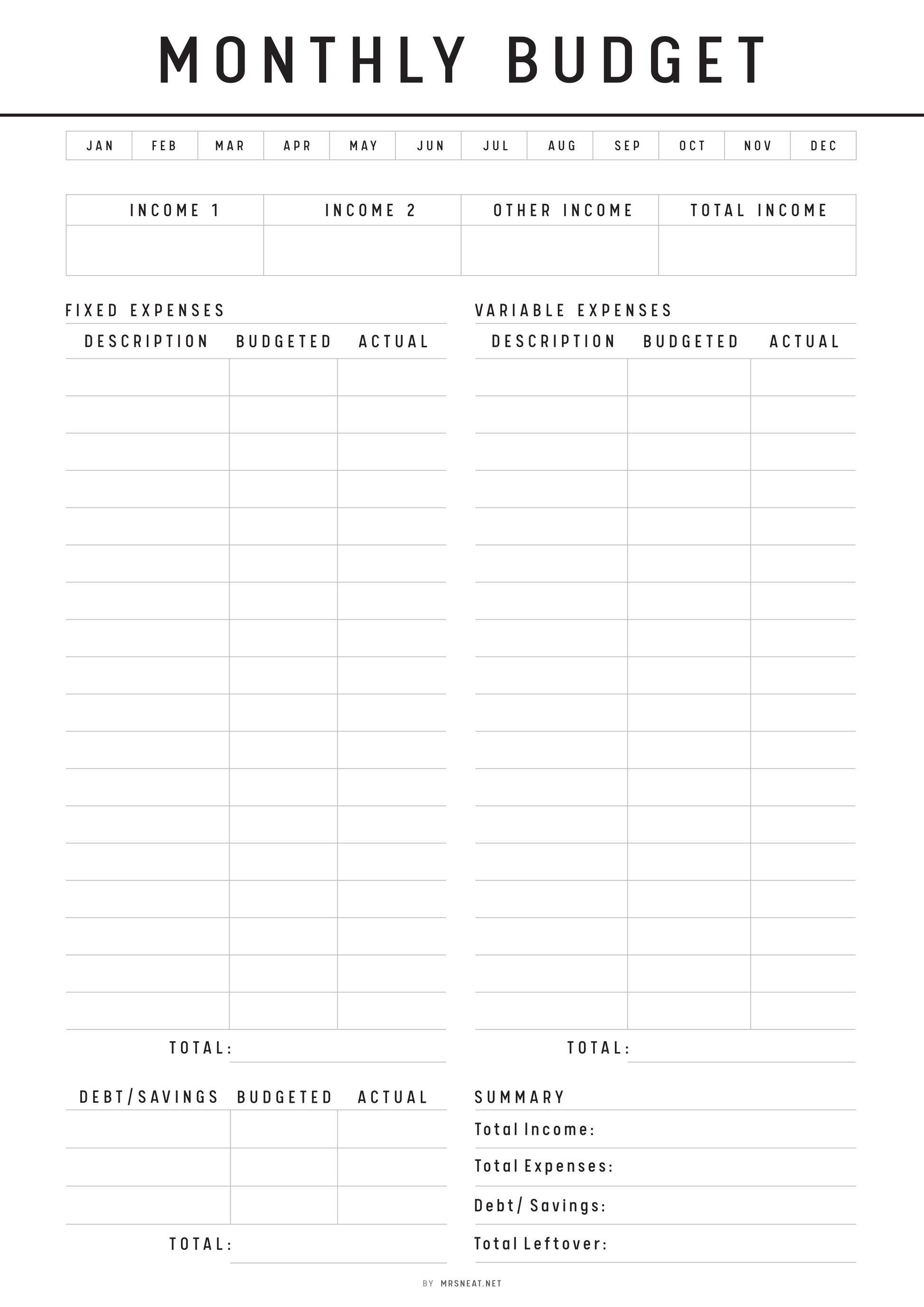 Monthly budget template with income and expense categories.