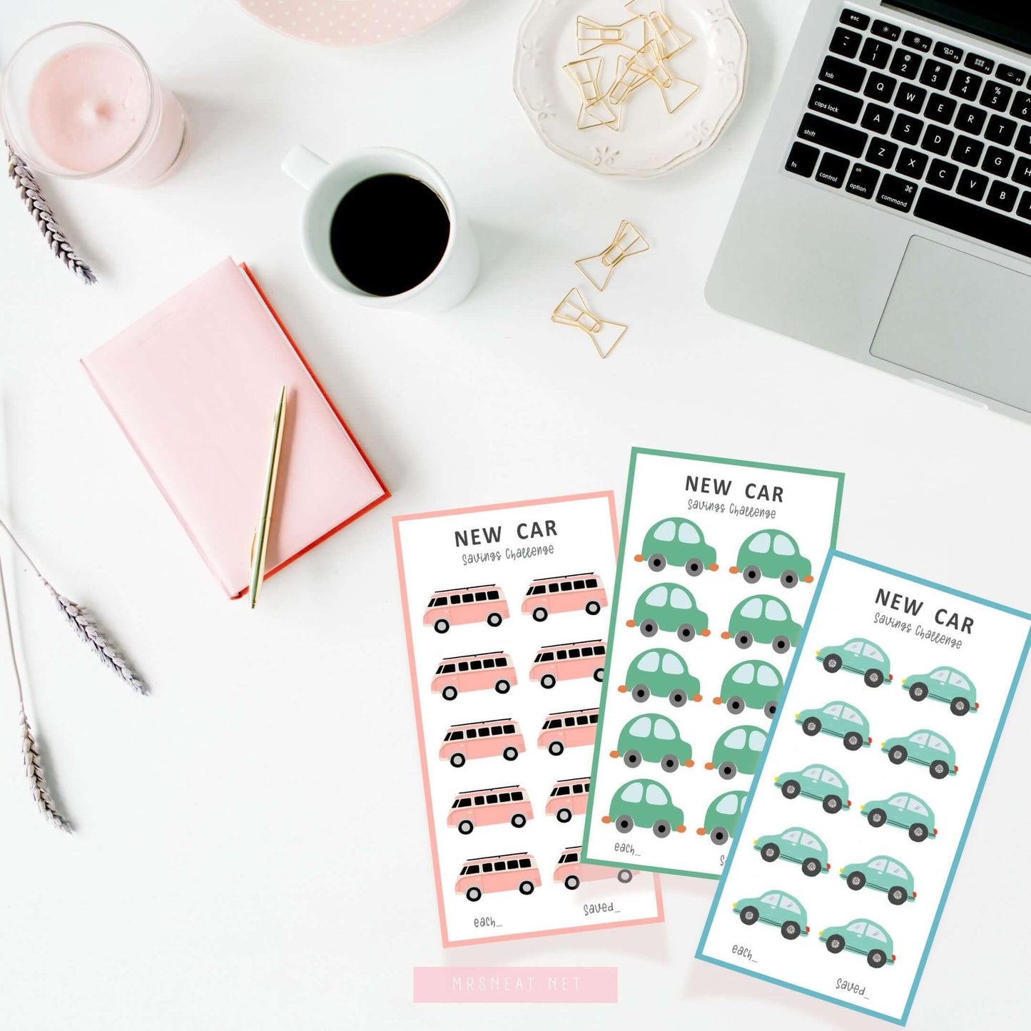 A6 New Car Money Savings Challenge Printable Template PDF, Colorful, 6 versions