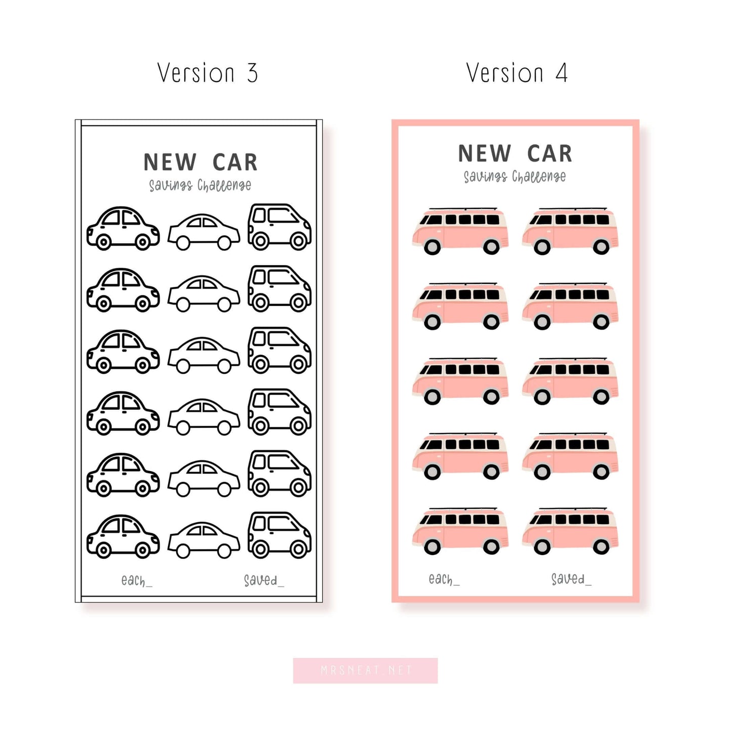 A6 New Car Money Savings Challenge Printable Template PDF, Colorful, 6 versions