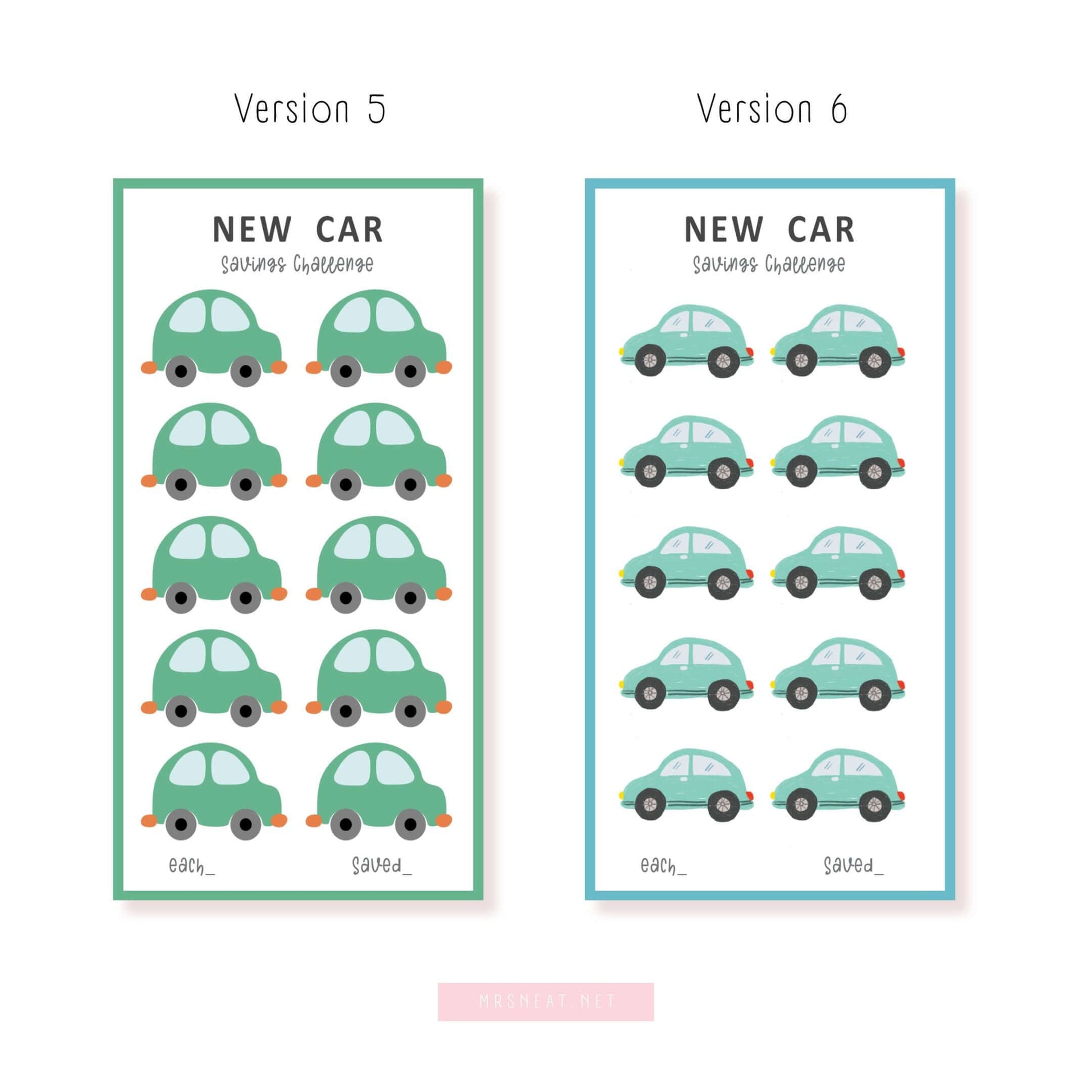 A6 New Car Money Savings Challenge Printable Template PDF, Colorful, 6 versions