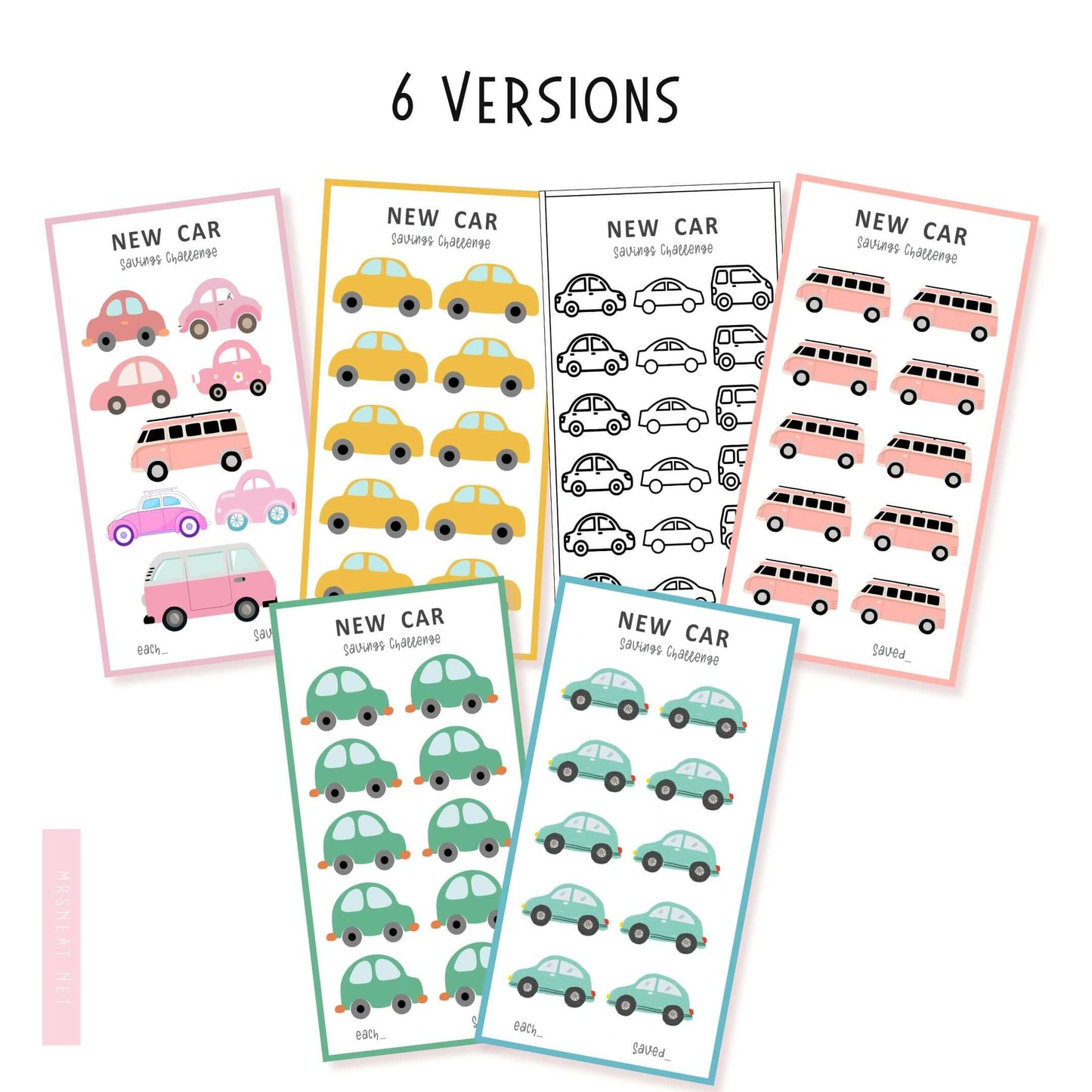 A6 New Car Money Savings Challenge Printable Template PDF, Colorful, 6 versions