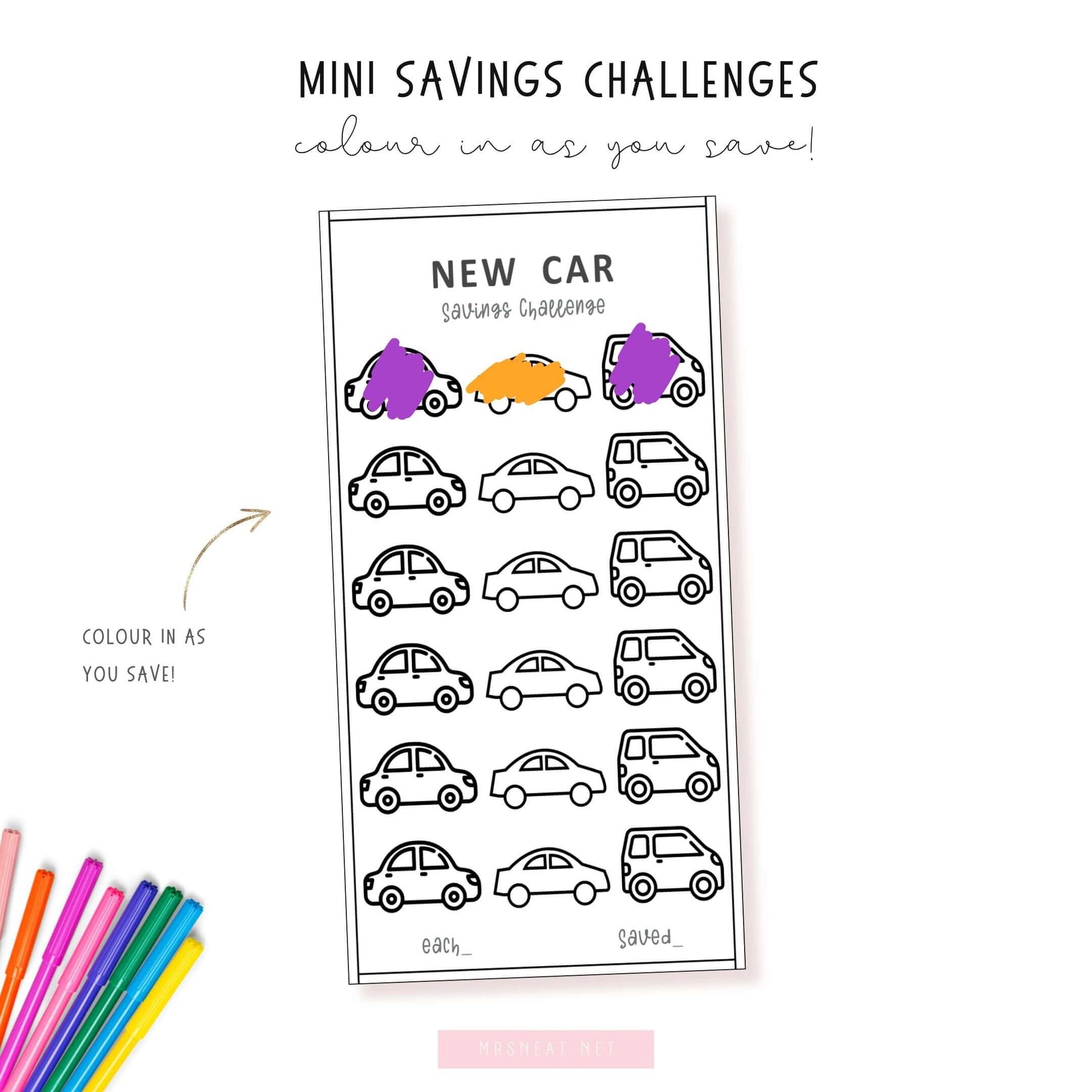 A6 New Car Money Savings Challenge Printable Template PDF, Colorful, 6 versions