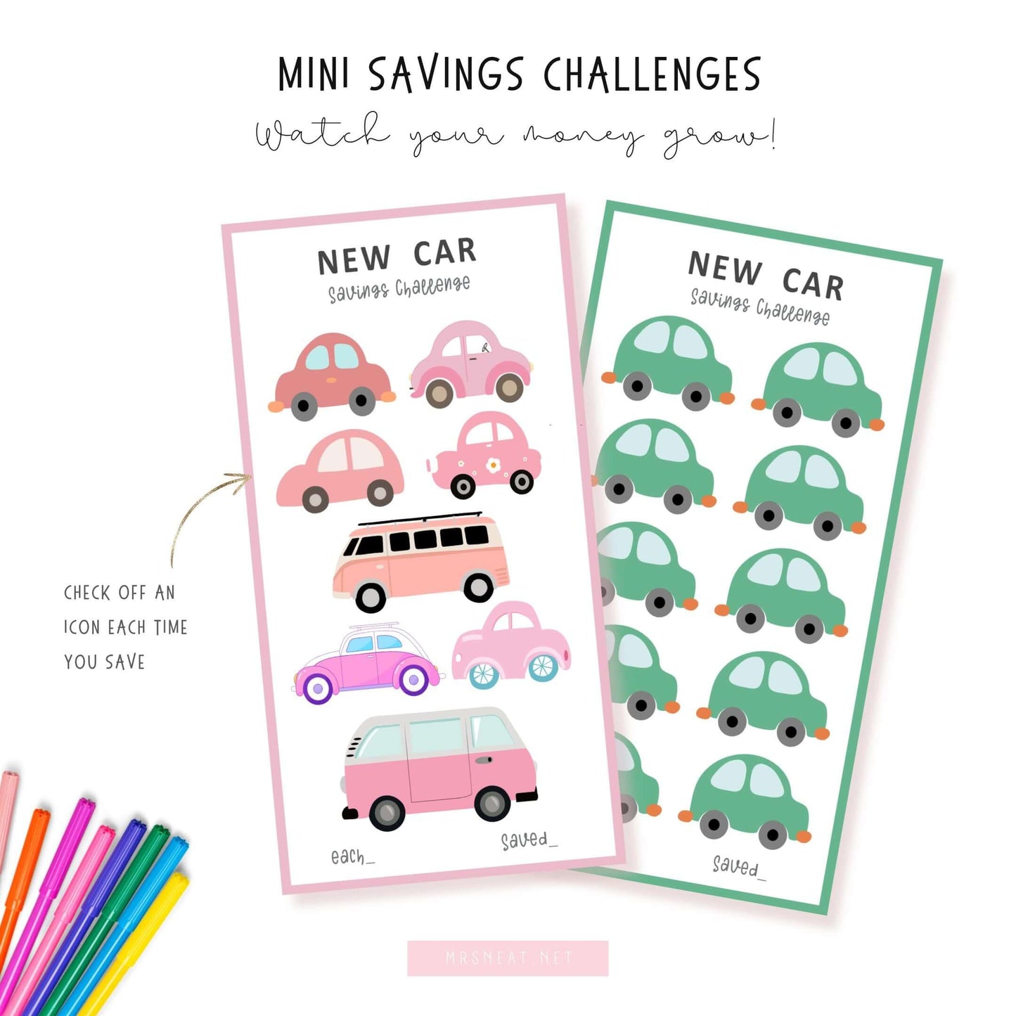 A6 New Car Money Savings Challenge Printable Template PDF, Colorful, 6 versions