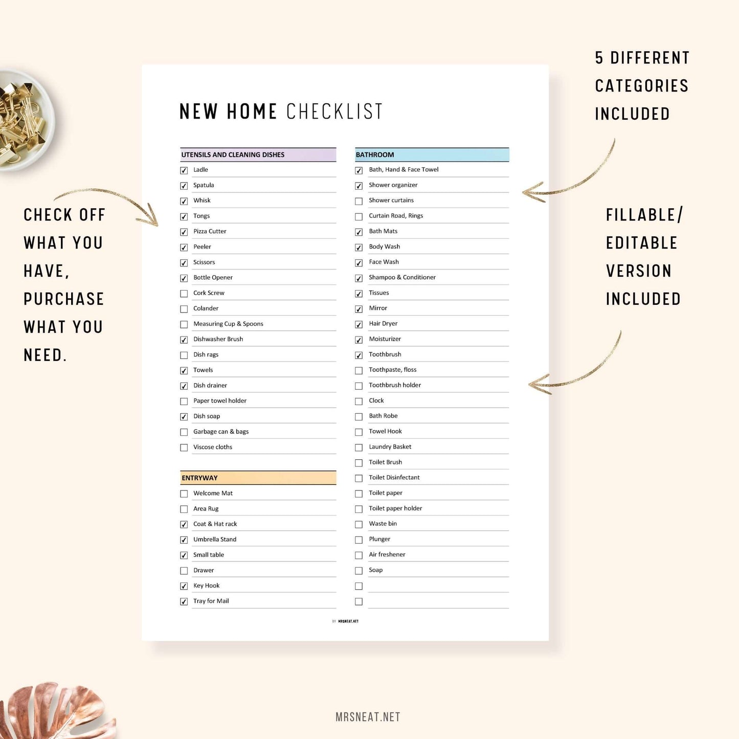 Fillable and Editable Colorful New House Checklist Template Printable