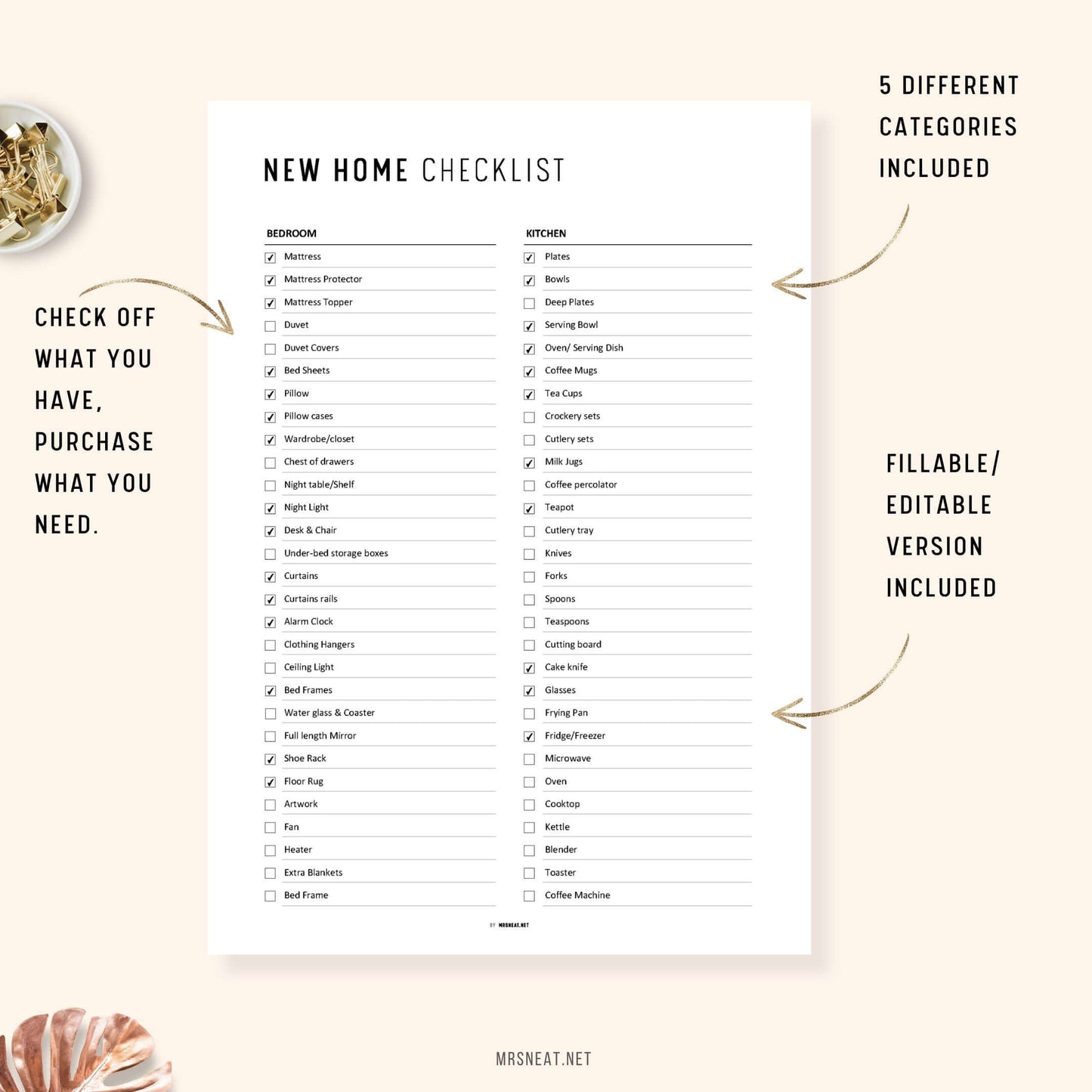 Fillable and Editable Minimalist New House Checklist Template Printable