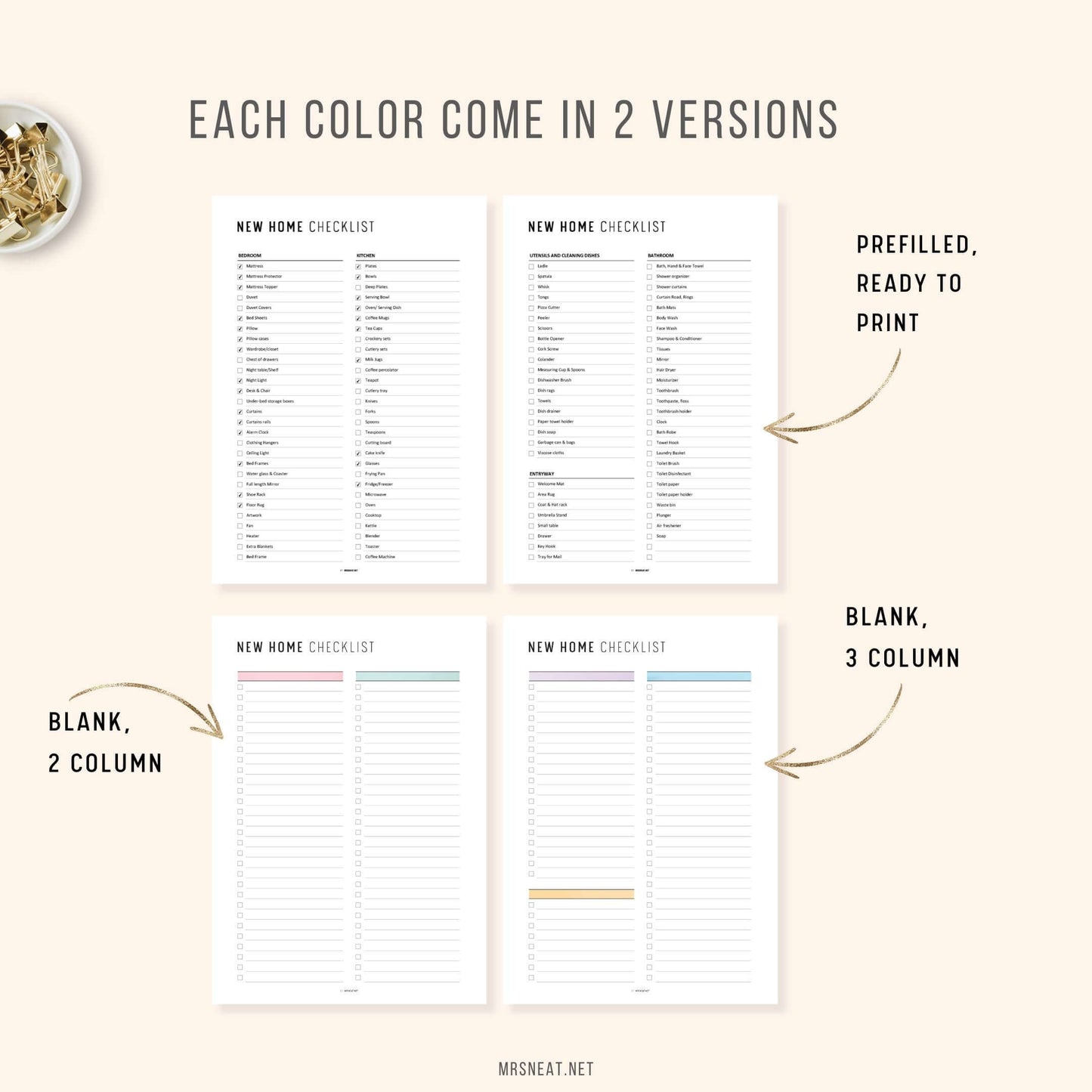 2 versions Fillable and Editable Colorful New House Checklist Template Printable