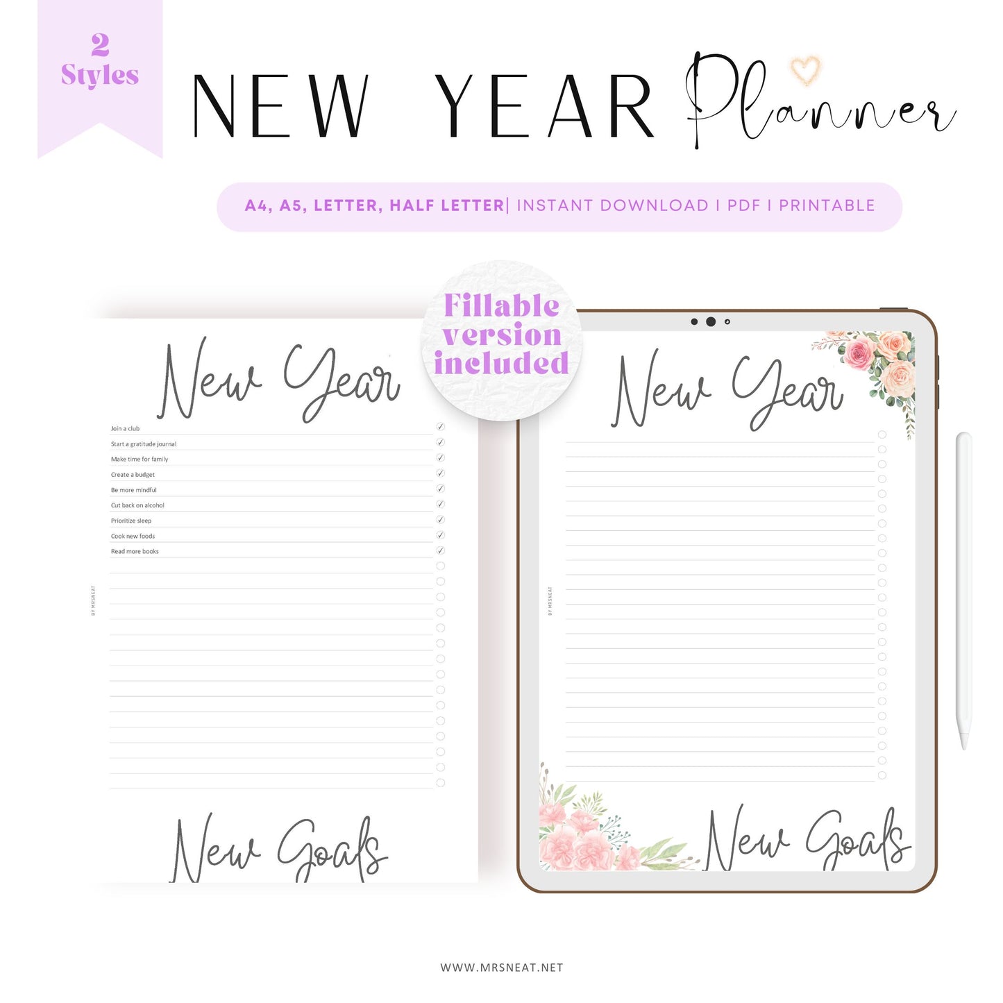 New Year New Goals Planner, 2 Styles, Floral and Neutral Planner, A4, A5, Letter, Half Letter, PDF Fillable