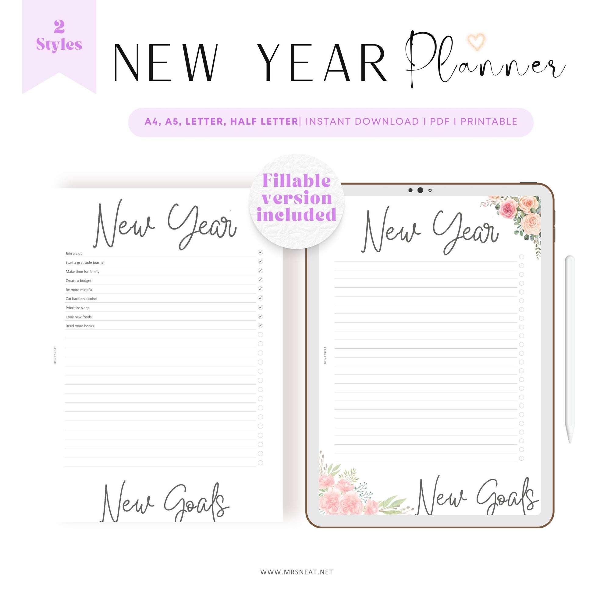 New Year New Goals Planner, 2 Styles, Floral and Neutral Planner, A4, A5, Letter, Half Letter, PDF Fillable