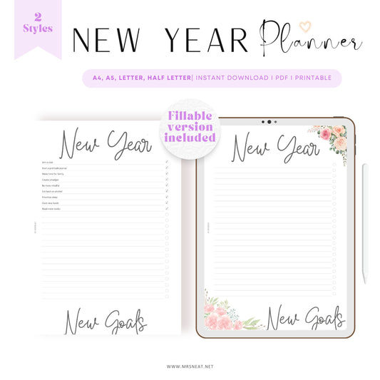 New Year New Goals Planner, 2 Styles, Floral and Neutral Planner, A4, A5, Letter, Half Letter, PDF Fillable